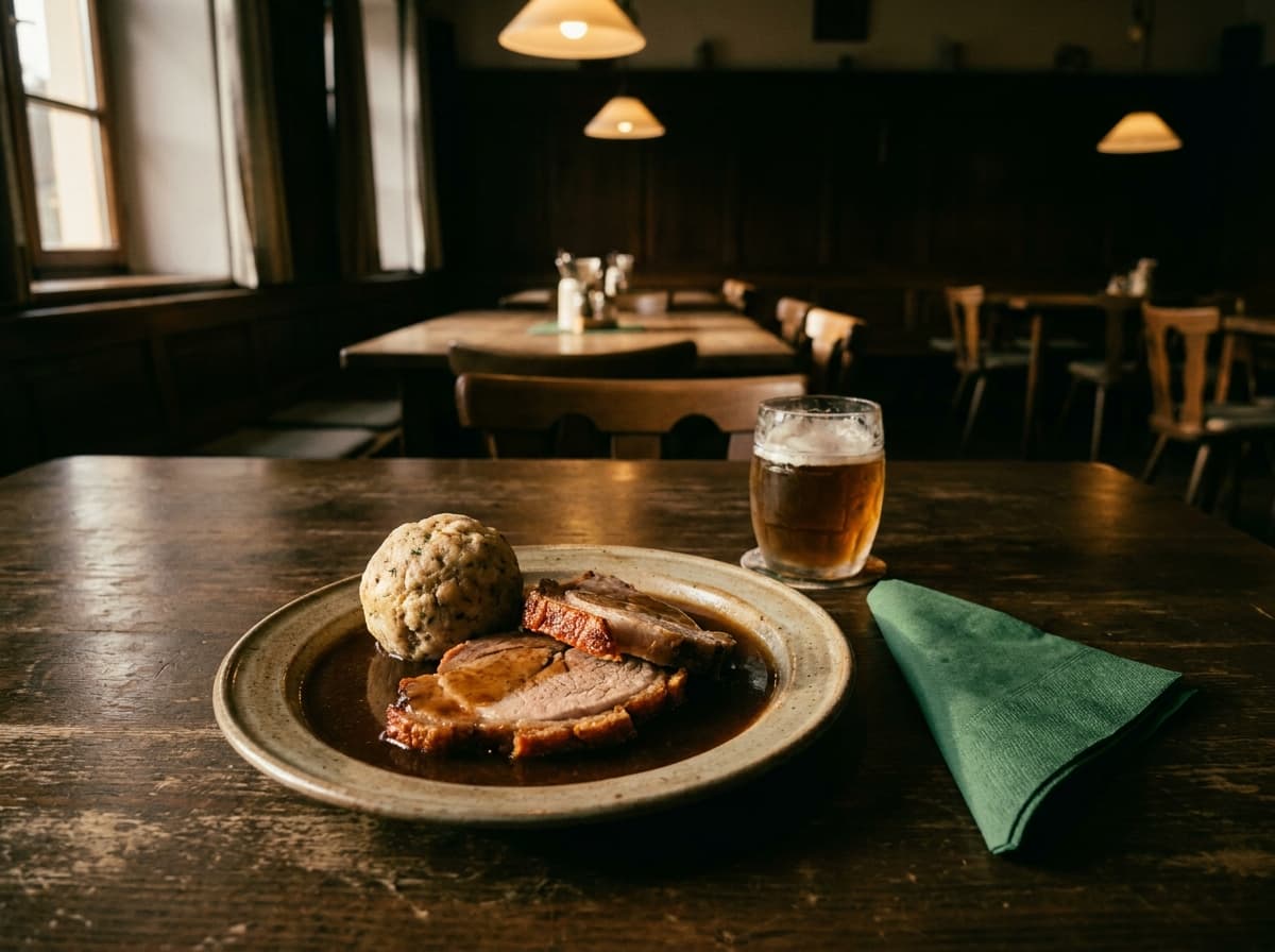 Schweinebraten mit Semmelknödel in der Gaststube