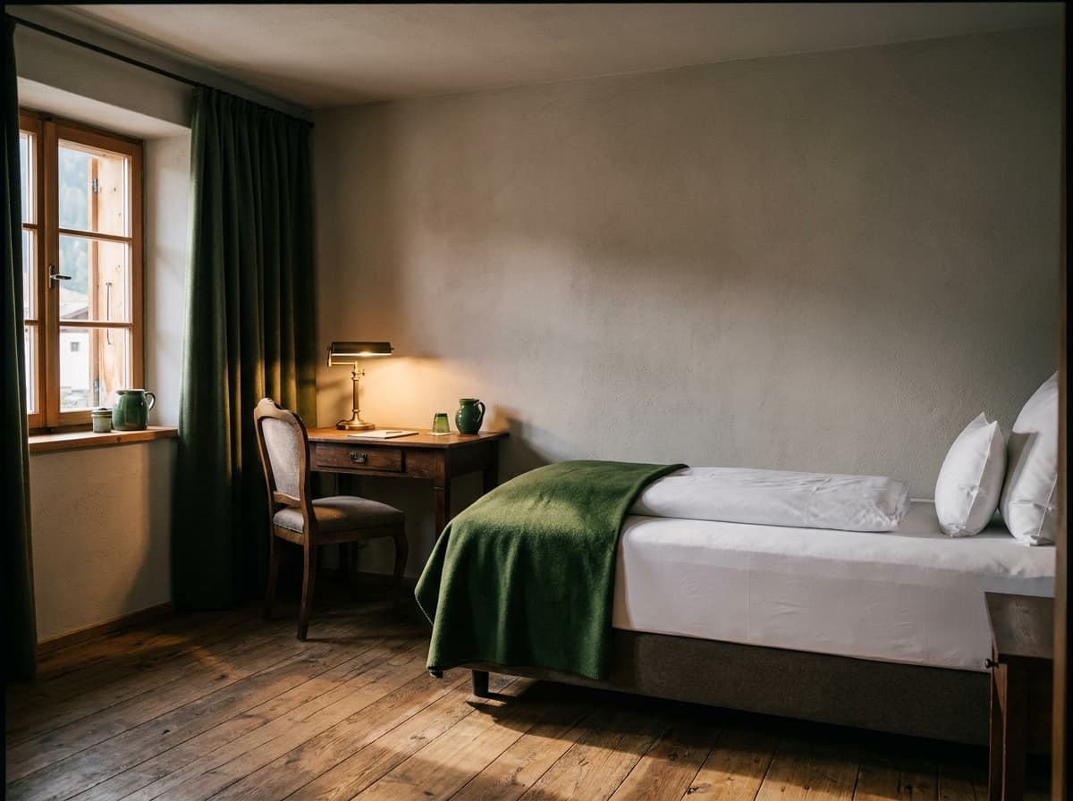 Einzelzimmer im Hotel St. Leonhard mit Bett, Schreibtisch und eigenem Bad